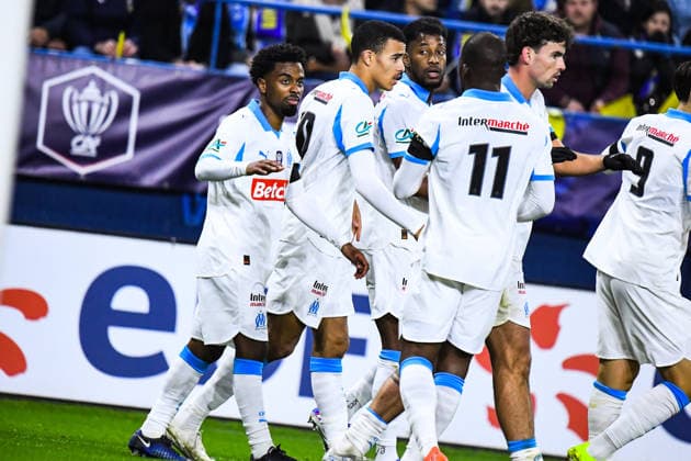 FOOTBALL : Bayeux FC vs Olympique de Marseille - Coupe de France - 16e de finale - 13 01 2026 Joie des joueurs de l™OM aprÃ s le but de Angel Gomes (OM) CaenFrance  Copyright: xBaptistexAutissierx