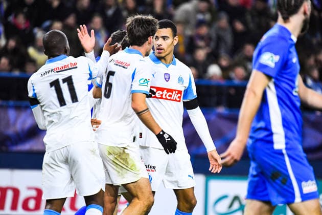 FOOTBALL : Bayeux FC vs Olympique de Marseille - Coupe de France - 16e de finale - 13 01 2026 Joie des joueurs de l™OM aprÃ s le but de Mason Greenwood (OM) CaenFrance  Copyright: xBaptistexAutissierx