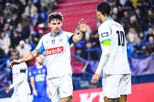 FOOTBALL : Bayeux FC vs Olympique de Marseille - Coupe de France - 16e de finale - 13 01 2026 Joie des joueurs de l™OM aprÃ s le 2e but de Mason Greenwood (OM) CaenFrance  Copyright: xBaptistexAutissierx