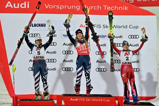 Flachau, Austria, January 13th 2026. First place Mikaela Shiffrin of United States of America (C), Second place Paula Moltzan of United States of America (L) and Third place Katharina Truppe of Austria (R) celebrate after the final run of the Women s Night Slalom race of the Audi FIS Alpine Skiing World Cup race on the Flachau, Austria. (Photo by Igor Kupljenik Sports Press Photo)  Copyright: xIgorxKupljenikx xSPPx Sportspressphoto_SPR81380