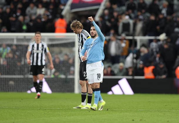 Newcastle Upon Tyne, England, 13th January 2026. Rayan Cherki of Manchester City celebrates scoring during the Newcastle United vs Manchester City Carabao Cup match at St. James Park, Newcastle Upon Tyne. Picture credit should read: Nigel Roddis Sportimage EDITORIAL USE ONLY. No use with unauthorised audio, video, data, fixture lists, club league logos or live services. Online in-match use limited to 120 images, no video emulation. No use in betting, games or single club league player publications. SPI_045_NR_NEWC_MANC SPI-4449-0047