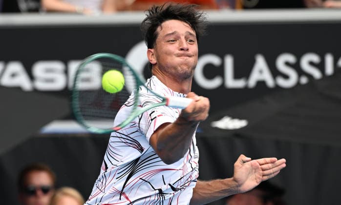 Italy™s Luciano Darderi during his singles match at the ASB Classic Men™s ATP, Tennis Herren 250 tennis tournament at Manuka Doctor Arena, Auckland, New Zealand. Wednesday 14 January 2026. Photo: Andrew Cornaga z Auckland New Zealand Copyright: xAndrewxCornaga x