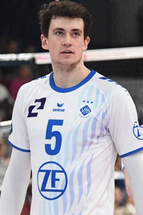 Louis Kunstmann (VfB Friedrichshafen, 5), Porträt, Portrait, 14.01.2026, Düren (Deutschland), Volleyball, 1. Bundesliga Männer, SWD Powervolleys Düren - VfB Friedrichshafen