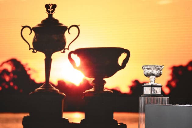 TENNIS AUSTRALIAN OPEN DRAW, The Norman Brookes Challenge Cup (right) on display during the draw for the 2026 Australian Open tennis tournament, at Melbourne Park, Melbourne, Thursday, January 15, 2025. ( NO ARCHIVING, EDITORIAL USE ONLY MELBOURNE VICTORIA AUSTRALIA  Copyright: xJOELxCARRETTx 20260115185290713327