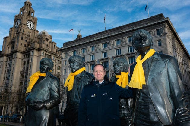 Tour de France 2027 Grand DÃ part Picture by Alex Whitehead SWpix.com - 15 01 2026 - Cycling - Tour de France 2027 Grand DÃ part - Liverpool Pier Head, Liverpool, England - General Director of the Tour de France Christian Prudhomme pictured with The Beatles statue at the Pier Head on Liverpool™s waterfront. The Grand Depart of the Tour de France 2027 and The Grand Depart of the Tour de France Femmes avec Zwift 2027. Both Races will start in the United Kingdom and visit Scotland, Wales and England - ALL IMAGES www.SWpix.com ( Photography Hub Ltd ) from the SWpix.com photography archive - MANDATORY BYLINE PHOTO CREDIT to Photographers Name SWpix.com LeTourGB (strictly editorial use only - contact for commercial - simon@swpix.com) Liverpool Pier Head Liverpool England Copyright: x xSWpix.comx(t axPhotographyxHubxLtd)xAlexxWhitehead SWpix.comx SWP-3030-12265