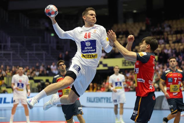 Spanien - Serbien, EHF EM 2026 Stefan Dodic (Serbien, 40). Handball EHF Europameisterschaft, Länderspiel zwischen Spanien und Serbien am 15. Januar 2026 in Herning (Dänemark)., Herning Dänemark Jyske Bank Boxen