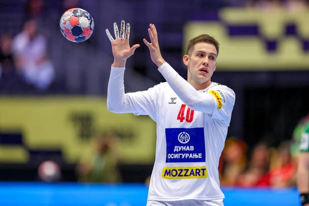15.01.2026, Handball, Men s EHF EURO 2026, Spanien - Serbien, Jyske Bank Boxen in Herning, Dänemark, Preliminary Round: Stefan Dodic (Serbien 40) Dänemark
