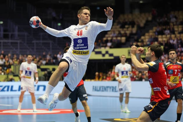Spanien - Serbien, EHF EM 2026 Stefan Dodic (Serbien, 40). Handball EHF Europameisterschaft, Länderspiel zwischen Spanien und Serbien am 15. Januar 2026 in Herning (Dänemark)., Herning Dänemark Jyske Bank Boxen