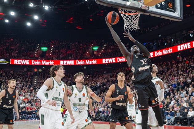 Cedi Osman 6 (Panathinaikos Aktor Athen), Juancho Hernangomez 41 (Panathinaikos Aktor Athen), Oscar da Silva 1 (FC Bayern Basketball), Wenyen Gabriel 32 (FC Bayern Basketball), FC Bayern Basketball vs. Panathinaikos Aktor Athen, EuroLeague 22. Spieltag, 15.01.2026 Muenchen Bayern Deutschland