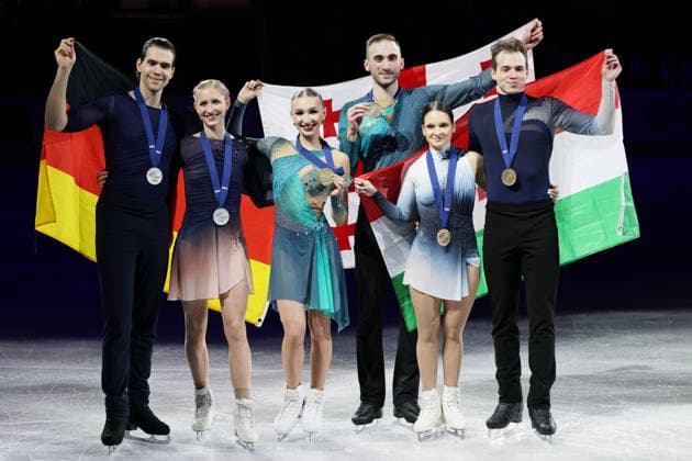 15th January 2026; Utilita Arena, Sheffield, Yorkshire, England; ISU Figure skating, Eiskunstlauf European Championships 2026, Day Two; ISU European Figure Skating Pairs gold medallists - Anastasiia Metelkina and Luka Berulava of Georgia (centre), ISU European Figure Skating Pairs silver medallist - Minerva Fabienne Hase and Nikita Volodin of Germany (left), ISU European Figure Skating Pairs bronze medallists - Maria Pavlova and Alexei Sviatchenko of Hungary (right)  RogerxEvans