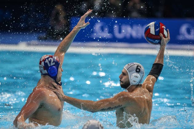Greece v Croatia - European Water polo, Wasserball Championship 2026 BELGRADE, SERBIA - JANUARY 15: Konstantin Kharkov of Croatia in action against Alexandros Papanastasiou of Greece during the Euro Water Polo Championships 2026 match between Greece and Croatia at Belgrade Arena in Belgrade, Serbia, on January 15, 2026. Filip Stevanovic Anadolu Belgrade Serbia. Editorial use only. Please get in touch for any other usage.  Copyright: x2026xAnadoluxFilipxStevanovicx