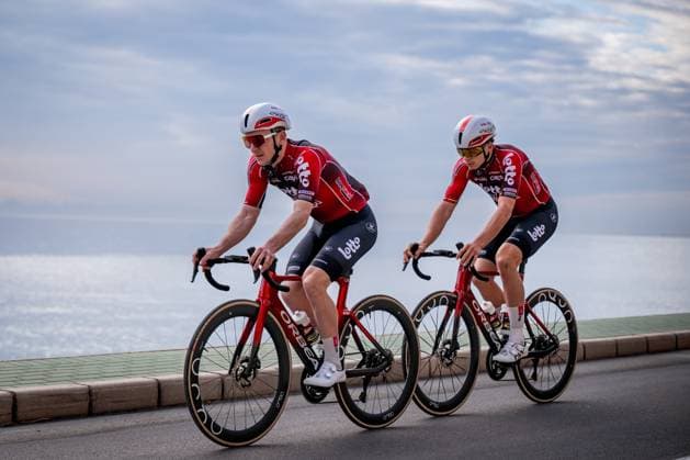 Belgian Jasper De Buyst and Belgian Arnaud De Lie of Lotto-Intermarche pictured in action during a training ride of the Lotto-Intermarche cycling team in Albir, Spain, Thursday 15 January 2026. DAVIDxPINTENS  x156340811x