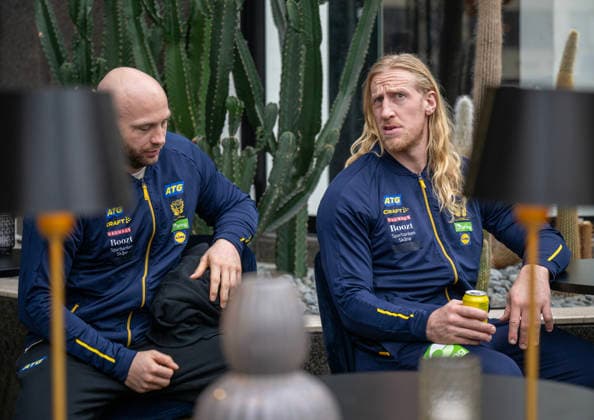 MALMÖ, SWEDEN 2026-01-16 Oscar Bergendahl and Mikael Appelgren at Friday s press conference, PK, Pressekonferenz with the Swedish national handball team at the Scandic Triangeln player hotel in Malmö ahead of the opening match of the European Handball Championship against the Netherlands. MALMÖ SWEDEN x50090x