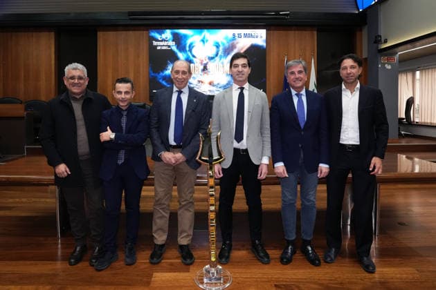 Luca Mecchi, Councilor for of the Municipality of Camaiore, Tiziano Consoli, Councillor for Sport of the Marche Region, Roberto Pella, President of the Professional Cycling League, Francesco Acquaroli, President of the Marche Region, Stefano Allocchio, RCS Sport Race Director, Andrea Tonti during the the Tirreno Adriatico presentation at Li Madou palace in Ancona, Italy - Friday, January 16, 2026 - Copyright: xMassimoxPaolone LaPressex
