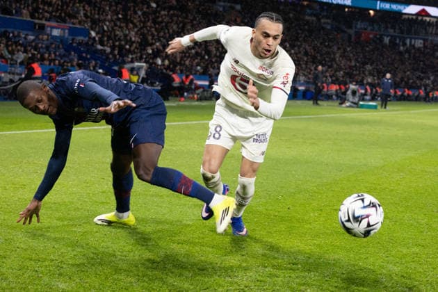 L1 football match PSG v LOSC - Paris LOSC 8 Ethan Mbappe, Paris Saint-Germain s Portuguese defender 25 Nuno Mendes during French L1 football match between Paris Saint-Germain (PSG) and Lille LOSC at the Parc des Princes stadium in Paris on January 16, 2026. Photo by Raphael Lafargue ABACAPRESS.COM Paris France  Copyright: xLafarguexRaphael ABACAx