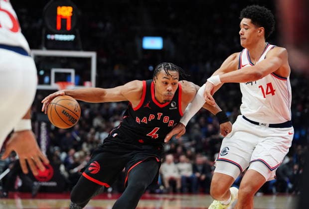 January 16, 2026, Toronto, On, Canada: Toronto Raptors Scottie Barnes (4) drives past Los Angeles Clippers Yanic Konan Niederhauser (14) during second half NBA, Basketball Herren, USA basketball action in Toronto on Friday, Jan. 16, 2026. Canada News - January 16, 2026  - ZUMAc35_ 20260116_zaf_c35_093 Copyright: xFrankxGunnx