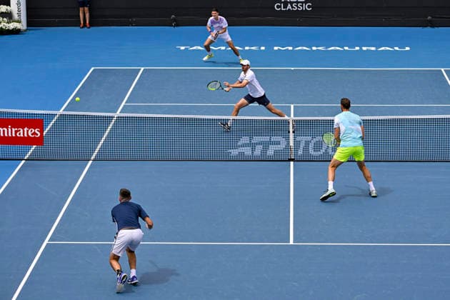 Theo Arribage (FRA) and Albano Olivetti (FRA) v Alexander Erler (AUT) and Robert Galloway (USA) in the Men s doubles final match of theASB Classic Men™s ATP, Tennis Herren 250 tennis tournament at Manuka Doctor Arena, Auckland, New Zealand on Saturday 17 January 2026. Photo credit: Alan Lee Auckland New Zealand Copyright: xAlanxLeex xx