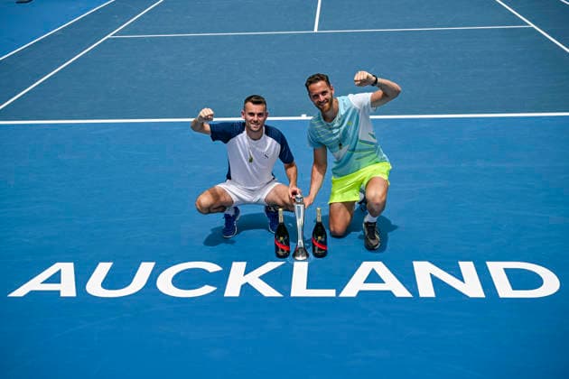 Theo Arribage (FRA) and Albano Olivetti (FRA) pose with the trophy after winning the Men s doubles final match of the ASB Classic Men™s ATP, Tennis Herren 250 tennis tournament at Manuka Doctor Arena, Auckland, New Zealand on Saturday 17 January 2026. Photo credit: Alan Lee Auckland New Zealand Copyright: xAlanxLeex xx