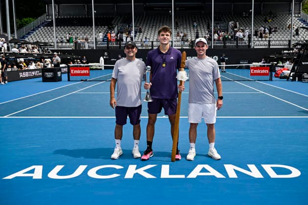 Jakub Mensik (CZE) with the trophy and his team after winning the Men s singles final match of the ASB Classic Men™s ATP, Tennis Herren 250 tennis tournament at Manuka Doctor Arena, Auckland, New Zealand on Saturday 17 January 2026. Photo credit: Alan Lee Auckland New Zealand Copyright: xAlanxLeex xx