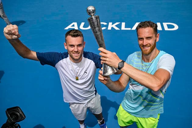 Theo Arribage (FRA) and Albano Olivetti (FRA) celebrate with the trophy after winning the Men s doubles final match of the ASB Classic Men™s ATP, Tennis Herren 250 tennis tournament at Manuka Doctor Arena, Auckland, New Zealand on Saturday 17 January 2026. Photo credit: Alan Lee Auckland New Zealand Copyright: xAlanxLeex xx