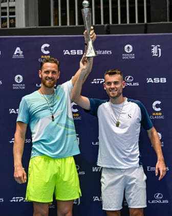 Theo Arribage (FRA) and Albano Olivetti (FRA) celebrate with the trophy after winning the Men s doubles final match of the ASB Classic Men™s ATP, Tennis Herren 250 tennis tournament at Manuka Doctor Arena, Auckland, New Zealand on Saturday 17 January 2026. Photo credit: Alan Lee Auckland New Zealand Copyright: xAlanxLeex xx