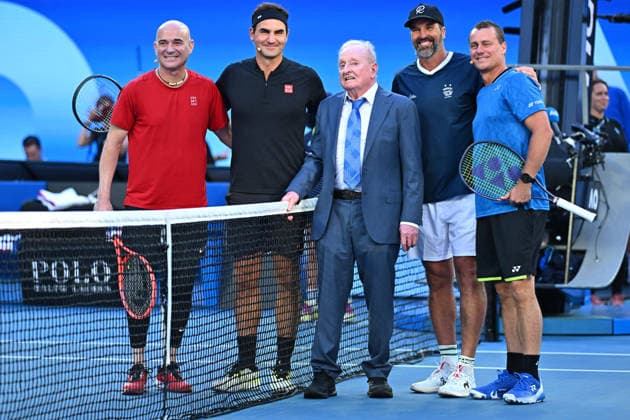 Opening Night at the 2026 Australian Open - Melbourne Andre Agassi (USA), Roger Federer (SUI), Rod Laver (AUS), Patrick Rafter (AUS) and Lleython Hewitt (AUS) during the Opening Night at the 2026 Australian Open at Melbourne Park in Melbourne, AUSTRALIA, on January 17, 2026. Photo by Corinne Dubreuil ABACAPRESS.COM Melbourne Australia  Copyright: xDubreuilxCorinne ABACAx