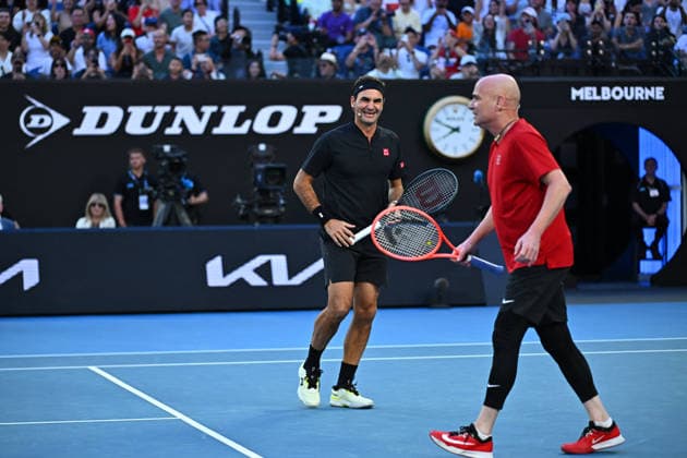 Opening Night at the 2026 Australian Open - Melbourne Roger Federer (SUI) with Andre Agassi (USA) during the Opening Night at the 2026 Australian Open at Melbourne Park in Melbourne, AUSTRALIA, on January 17, 2026. Photo by Corinne Dubreuil ABACAPRESS.COM Melbourne Australia  Copyright: xDubreuilxCorinne ABACAx