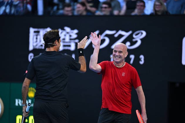 Opening Night at the 2026 Australian Open - Melbourne Roger Federer (SUI) with Andre Agassi (USA) during the Opening Night at the 2026 Australian Open at Melbourne Park in Melbourne, AUSTRALIA, on January 17, 2026. Photo by Corinne Dubreuil ABACAPRESS.COM Melbourne Australia  Copyright: xDubreuilxCorinne ABACAx