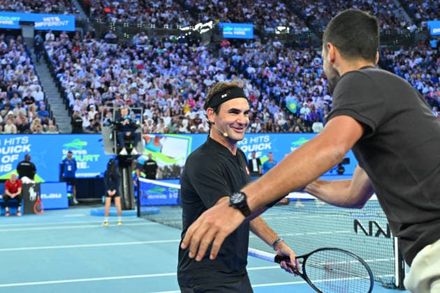 Opening Night at the 2026 Australian Open - Melbourne Roger Federer (SUI) with Novak Djokovic (SRB) during the Opening Night at the 2026 Australian Open at Melbourne Park in Melbourne, AUSTRALIA, on January 17, 2026. Photo by Corinne Dubreuil ABACAPRESS.COM Melbourne Australia  Copyright: xDubreuilxCorinne ABACAx