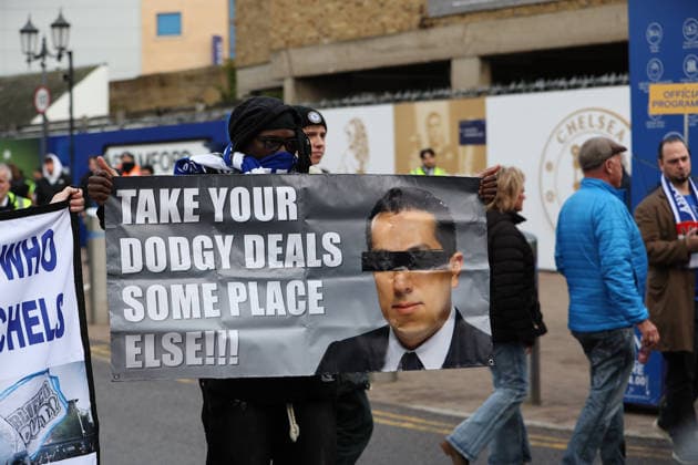 17th January 2026; Stamford Bridge, Chelsea, London, England: Premier League Football, Chelsea versus Brentford; Chelsea fans protest against the ownership outside Stamford Bridge stadium before the match  KatiexChan