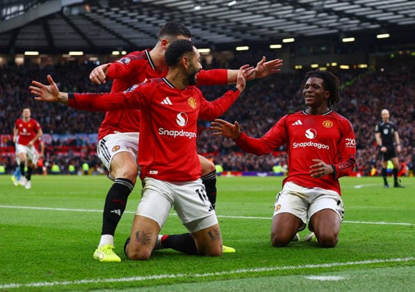Patrick Dorgu of Manchester United, ManU celebrates scoring a goal to make it 2-0 Manchester United v Manchester City, Premier League, Football, Old Trafford, Manchester, UK - 17 Jan 2026Manchester Old Trafford United Kingdom EDITORIAL USE ONLY No use with unauthorised audio, video, data, fixture lists, club league logos or live services. Online in-match use limited to 120 images, no video emulation. No use in betting, games or single club league player publications.  Copyright: xMattxWest Shutterstockx 16347907al