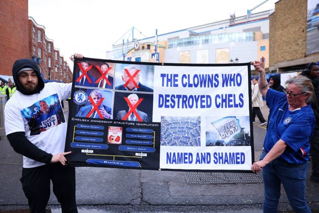 London, England, 17th January 2026. Chelsea fans protest against the ownership of the football club outside the stadium before the Chelsea vs Brentford Premier League match at Stamford Bridge, London. Picture credit should read: Paul Terry Sportimage EDITORIAL USE ONLY. No use with unauthorised audio, video, data, fixture lists, club league logos or live services. Online in-match use limited to 120 images, no video emulation. No use in betting, games or single club league player publications. SPI_003_PT_Chelsea_Brentford SPI-4458-0003