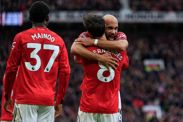Manchester United, ManU v Manchester City, Premier League Bryan Mbeumo (19) of Manchester United celebrates scoring to make it 1-0 with Bruno Fernandes (8) of Manchester United during the Premier League match between Manchester United and Manchester City at Old Trafford, Manchester, UK on 17 January 2026. Manchester Old Trafford Greater Manchester UK Editorial use only DataCo restrictions apply See www.football-dataco.com , Copyright: xConorxMolloyx PSI-23576-0110