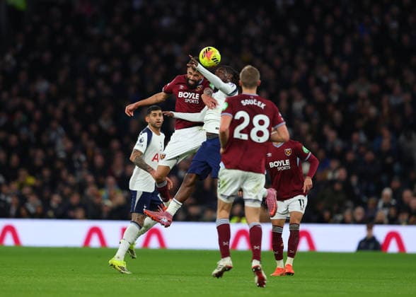 17th January 2026; Tottenham Hotspur Stadium, London, England; Premier League Football, Tottenham Hotspur versus West Ham United; Pablo of West Ham United heads the ball over Yves Bissouma of Tottenham Hotspur  JohnxPatrickxFletcher