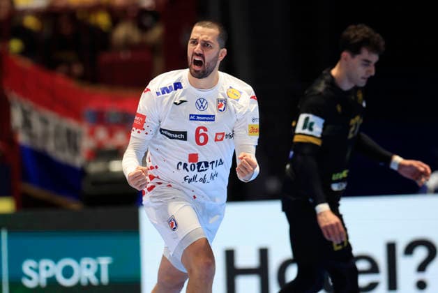 MALMÖ, SVERIGE 20260117 Croatia s Mario Sostaric celebrates a penalty goal during the 2026 EHF European Men s Handball Championship (the EHF Euro 2026) match between Croatia and Georgia, at Malmo Arena in Malmo, Sweden, on January 17, 2026. MALMÖ SVERIGE x10600x