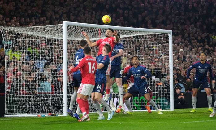 Morgan Gibbs-White of Nottingham Forest wins the header during the Premier league football match between Nottingham Forest and Arsenal at the City Ground in Nottingham. Copyright: xPaulxBonser SportsxPressxPhotox Sportspressphoto_SPR82545