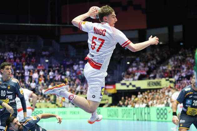 Österreich - Spanien, Men s EHF EM 2026 Jakob Nigg (Österreich, 57). Handball EHF Europameisterschaft, Länderspiel zwischen Österreich und Spanien am 17. Januar 2026 in Herning (Dänemark)., Herning Dänemark Jyske Bank Boxen