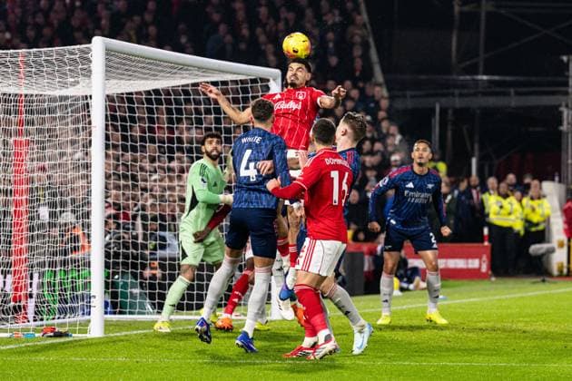 17th January 2026; The City Ground, Nottingham, England; Premier League Football, Nottingham Forest versus Arsenal; Morgan Gibbs-White of Nottingham Forest wins an attacking header in the penalty area  GodfreyxPitt