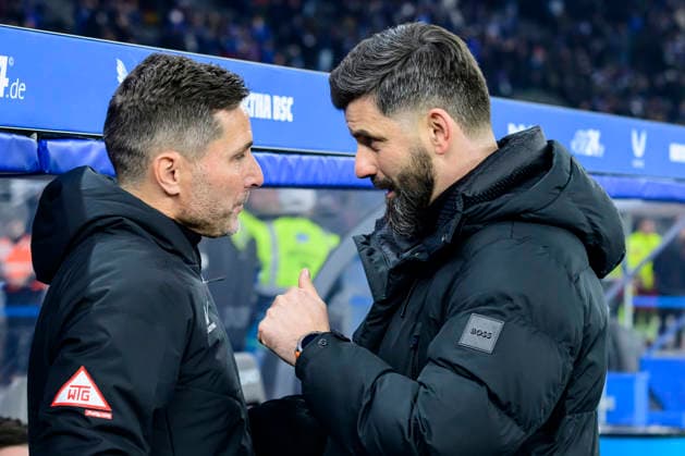 GER, Berlin, soccer, Hertha BSC vs. FC Schalke 04, DFB, 2nd Bundesliga, 2025 2026 season, Gameday 18, f.l.t.r.: Stefan Leitl (Hertha BSC), Miron Muslic (FC Schalke 04, Trainer), welcome, DFB DFL REGULATIONS PROHIBIT ANY USE OF PHOTOGRAPHS AS IMAGE SEQUENCES AND OR QUASI-VIDEO, January 17, 2026,