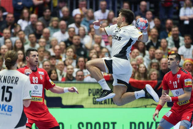 Serbien - Deutschland, EHF Handball EM 2026 Renars Uscins (Deutschland 23). Handball EHF Europameisterschaft, Länderspiel zwischen Serbien und Deutschland am 17. Januar 2026 in Herning (Dänemark)., Herning Dänemark Jyske Bank Boxen