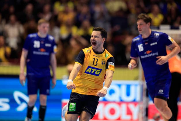 MALMÖ, SWEDEN 20260117 Sweden s Sebastian Karlsson celebrates after scoring during the group stage match of the European Handball Championship between Sweden and the Netherlands at Malmö Arena, Malmö, Sweden, January 17, 2026. MALMÖ SWEDEN x10600x
