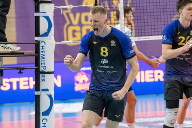 1.Volleyball Bundesliga -Saison 2025 2026 Cerebricks Volley Goats Mitteldeutschland vs.ASV Dachau Halle, Deutschland 17. Januar 2026: Im Bild:Jannis Wehry (Bitterfeld) Mimik, starker Gesichtsausdruck, Emotion, Halle Saale swh.Arena Sachsen-Anhalt Deutschland