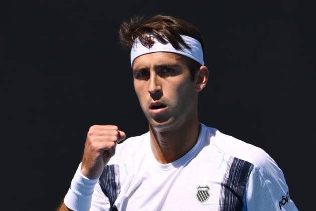 TENNIS AUSTRALIAN OPEN, Tomas Martin Etcheverry of Argentina reacts during the Men™s 1st round match against Miomir Kecmanovic of Serbia on day 1 of the 2026 Australian Open tennis tournament at Melbourne Park in Melbourne, Sunday, January 18, 2026. ( NO ARCHIVING MELBOURNE VICTORIA AUSTRALIA  Copyright: xJOELxCARRETTx 20260118147325615060