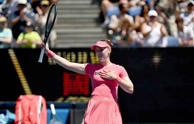 TENNIS AUSTRALIAN OPEN, Talia Gibson of Australia celebrates following her Women™s 1st round win against Anna Blinkova of Russia on day 1 of the 2026 Australian Open tennis tournament at Melbourne Park in Melbourne, Wednesday, January 14, 2026. ( NO ARCHIVING MELBOURNE VICTORIA AUSTRALIA  Copyright: xLUKASxCOCHx 20260118114011307584