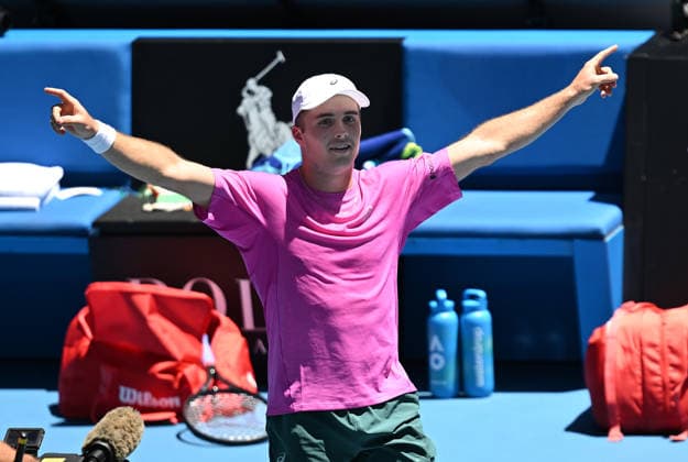 TENNIS AUSTRALIAN OPEN, Arthur Fery of Great Britain celebrates winning the Men™s 1st round match against Flavio Cobolli of Italy on day 1 of the 2026 Australian Open tennis tournament at Melbourne Park in Melbourne, Wednesday, January 14, 2026. ( NO ARCHIVING MELBOURNE VICTORIA AUSTRALIA  Copyright: xLUKASxCOCHx 20260118183737639832