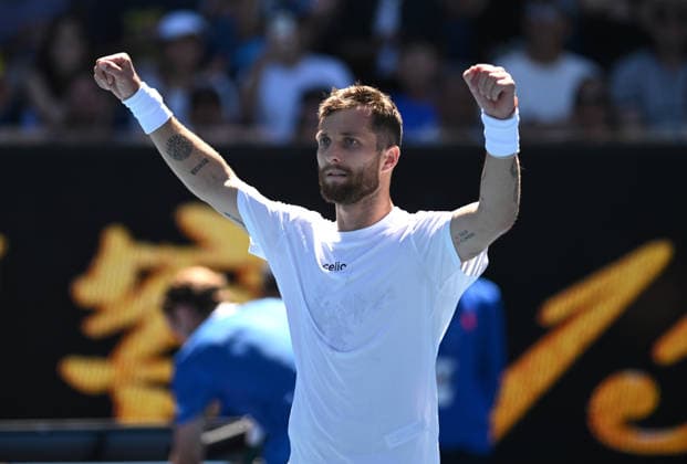 TENNIS AUSTRALIAN OPEN, Corentin Moutet of France reacts after winning the Men™s 1st round match against Tristan Schoolkate of Australia on day 1 of the 2026 Australian Open tennis tournament at Melbourne Park in Melbourne, Wednesday, January 14, 2026. ( NO ARCHIVING MELBOURNE VICTORIA AUSTRALIA  Copyright: xLUKASxCOCHx 20260118175096870200