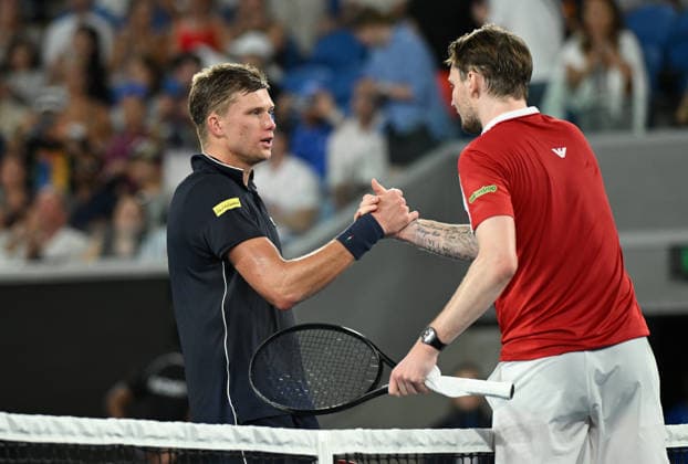 TENNIS AUSTRALIAN OPEN, Jenson Brooksby of USA (l) shakes hands with Alexander Bublik of Kazakhstan following their Men™s 1st round match on day 1 of the 2026 Australian Open tennis tournament at Melbourne Park in Melbourne, Sunday, January 18, 2026. ( NO ARCHIVING MELBOURNE VICTORIA AUSTRALIA  Copyright: xJAMESxROSSx 20260118140107014310