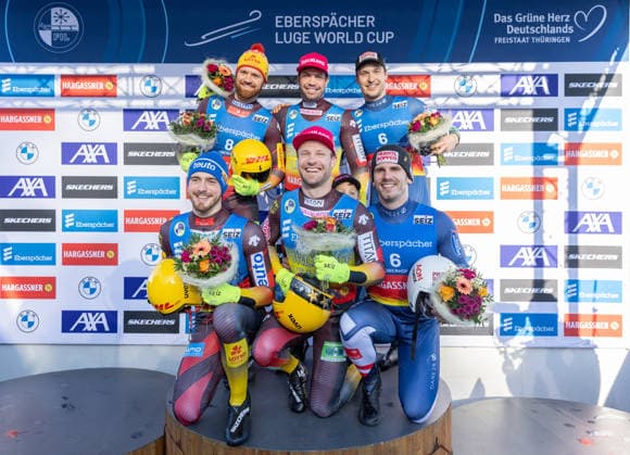 picture: Toni Eggert, Florian Müller (GER), Tobias Wendl, Tobias Arlt (GER), Juri Thomas Gatt, Riccardo Martin Schöpf (AUT) 18.01.2026 luge 6. FIL Eberspächer Luge World Cup and 57. European Championships, LOTTO Thüringen Ice Arena Oberhof, Germany (GER) Men™s Doubles photographer: FIL Michael Kristen *** picture Toni Eggert, Florian Müller GER , Tobias Wendl, Tobias Arlt GER , Juri Thomas Gatt, Riccardo Martin Schöpf AUT 18 01 2026 luge 6 FIL Eberspächer Luge World Cup and 57 European Championships, LOTTO Thüringen Ice Arena Oberhof, Germany GER Men™s Doubles photographer FIL Michael Kristen