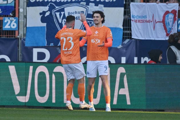 Jubel 0:1, v.re., Marco Richter (SV Darmstadt 98), Fraser Hornby (SV Darmstadt 98) 18.01.2026, Fussball 2. Bundesliga, Saison 2025 2026, 18. Spieltag, VfL Bochum - SV Darmstadt 98 DFL regulations prohibit any use of photographs as image sequences and or quasi-video Bochum Vonovia Ruhrstadion Nordrhein Westfalen Deutschland