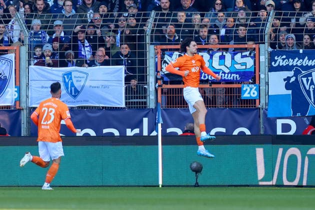 Torjubel zum 1:0 für Darmstadt 98 durch Fraser Hornby (SV Darmstadt 98), Marco Richter (SV Darmstadt 98) GER, VfL Bochum gegen SV Darmstadt 98, Fussball, 2.Liga, 18.Spieltag, Spielzeit 2025 2026, 18.01.2026 DFL REGULATIONS PROHIBIT ANY USE OF PHOTOGRAPHS AS IMAGE SEQUENCES AND OR QUASI-VIDEO GER, VfL Bochum gegen SV Darmstadt 98, Fussball, 2.Liga, 18.Spieltag, Spielzeit 2025 2026, 18.01.2026 Bochum